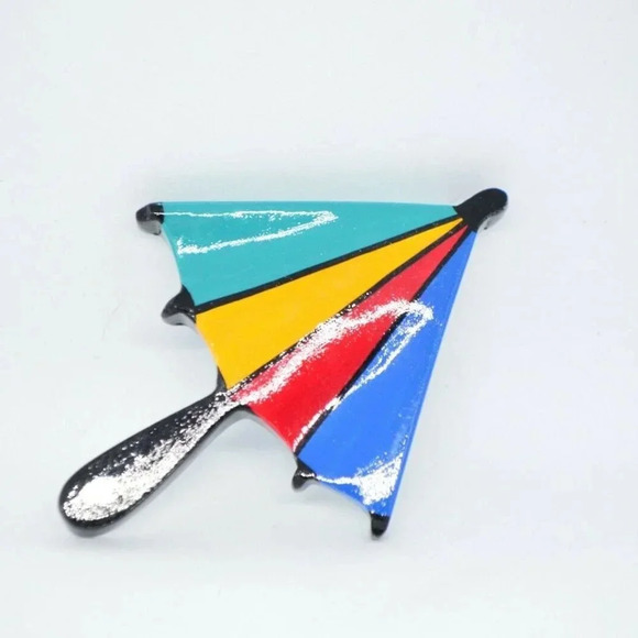 Vintage Jewelry - Multi-Color Hand Painted Umbrella Wood Large Pin